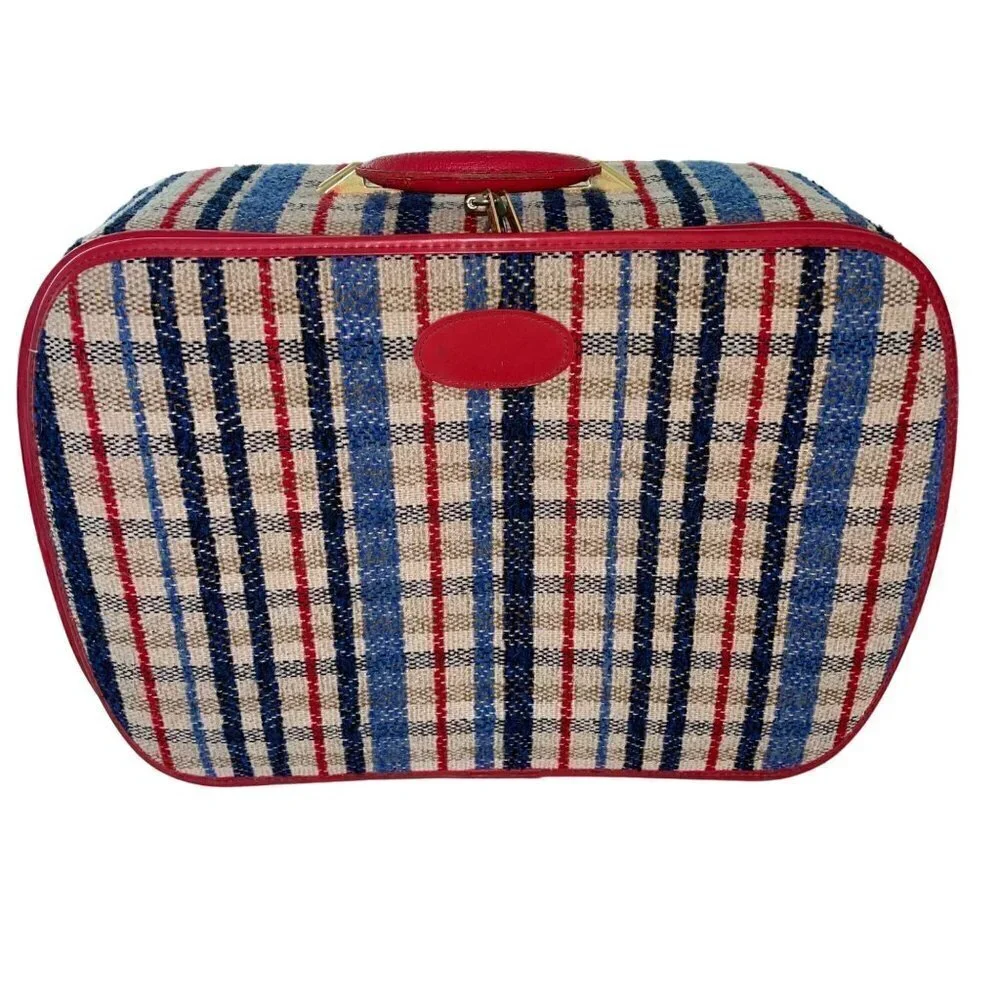 Vintage Womens Suitcase Multicolor Mcm Plaid With Lock and Keys - Picture 1 of 10